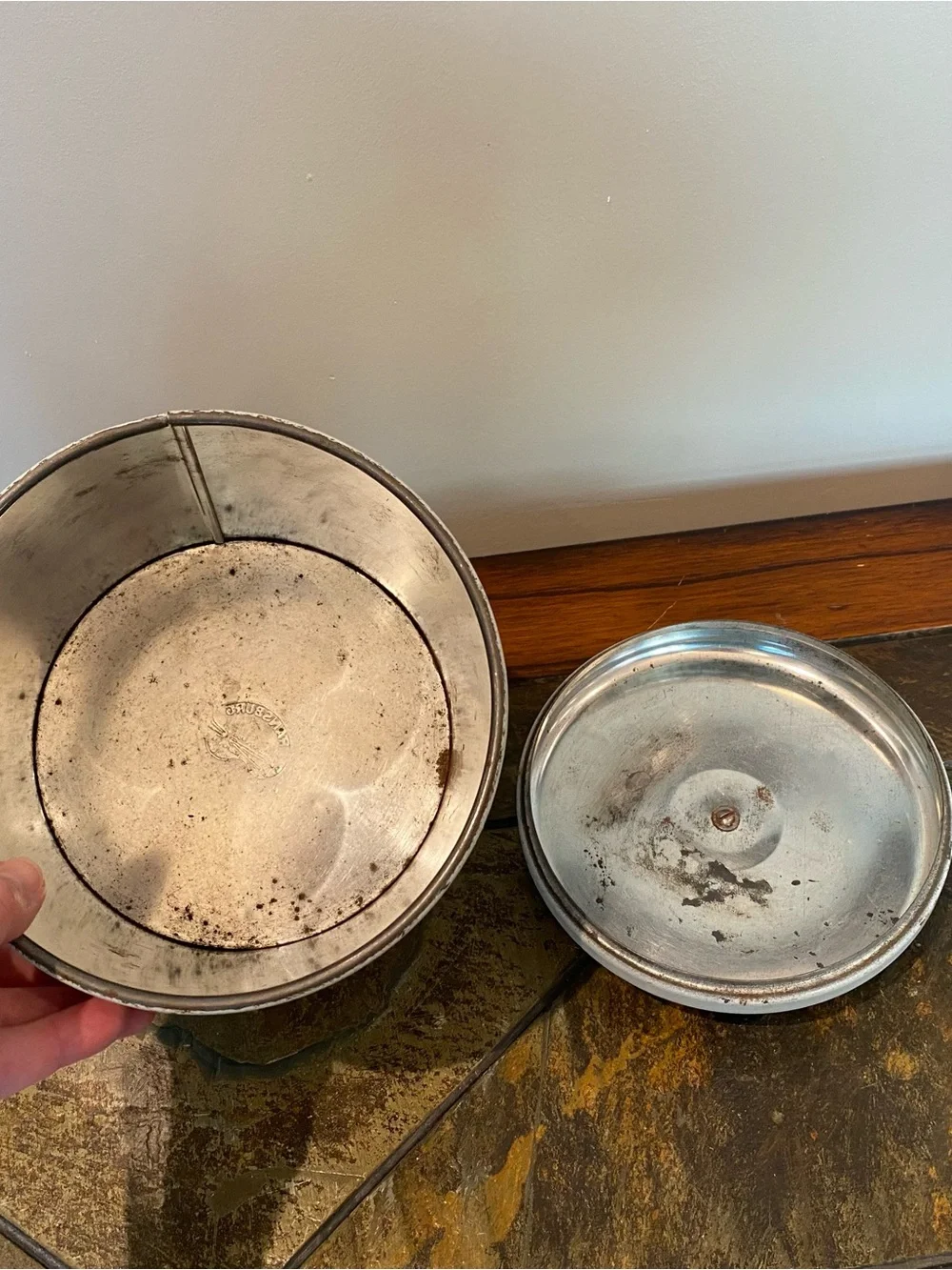 Vintage Gold Metal White & Blue Tin Cookie Jar Canister